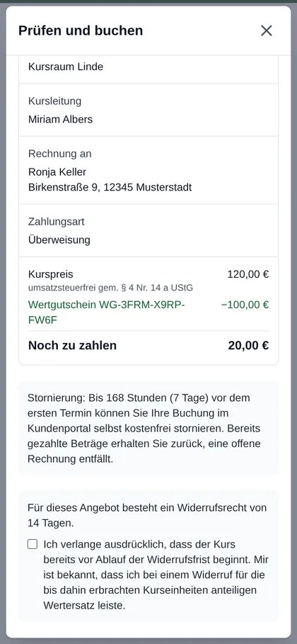 Übersicht vor dem Buchen am Smartphone: Rechnungsadresse, Zahlungsart Überweisung, Kurspreis 120 Euro abzüglich Wertgutschein 100 Euro, noch zu zahlen 20 Euro, darunter Stornoregel und Hinweis zum Widerrufsrecht.