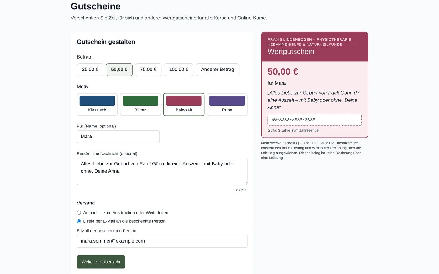 Gutschein gestalten im Portal: Betrag 50 Euro, Motiv Babyzeit, Name der Beschenkten, persönliche Nachricht und Versand direkt per E-Mail, rechts die Vorschau des Wertgutscheins.