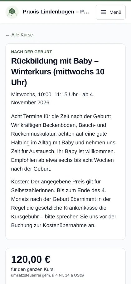 Kursdetail am Smartphone: Rückbildung mit Baby, Winterkurs mittwochs 10 Uhr, Beschreibung mit Hinweis zur Kostenübernahme durch die Krankenkasse, Preis 120 Euro für den ganzen Kurs, umsatzsteuerfrei.